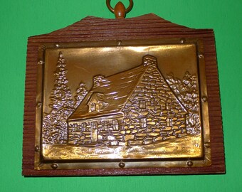 Lovely vintage small mounted embossed copper carving by A. Nadeau 5" x 4"