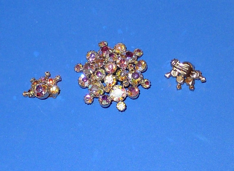 Splendid CONTINENTAL aurora borealis rhinestone brooch and earrings set image 4