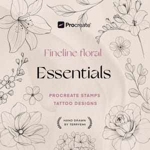 Peut inclure: Graphique d'art numérique beige avec des illustrations florales dessinées au trait noir. Le texte indique "Fineline floral Essentials" avec "Procreate Stamps" et "Tattoo Designs" en dessous. Le logo Procreate est visible.
