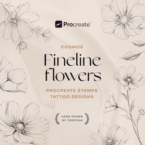 May include: A digital art design with fine line flower illustrations. The image includes the text "Cosmos Fineline Flowers" and "Procreate Stamps Tattoo Designs." The design is hand-drawn and includes the Procreate logo.