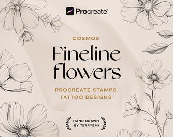 May include: A digital art design with fine line flower illustrations. The image includes the text "Cosmos Fineline Flowers" and "Procreate Stamps Tattoo Designs." The design is hand-drawn and includes the Procreate logo.