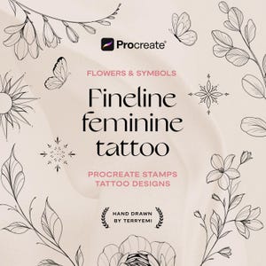 Puede incluir: Un diseño de arte digital con el logotipo de Procreate, el texto «FLOWERS & SYMBOLS» y «Fineline feminine tattoo». El diseño incluye ilustraciones florales y de mariposas, y el texto «PROCREATE STAMPS TATTOO DESIGNS».