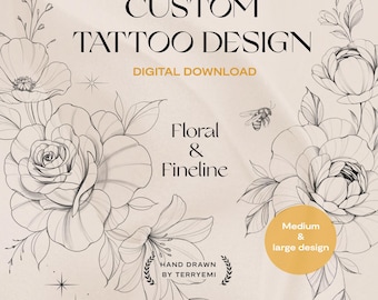 Pode incluir: Um design digital para download com arte de tatuagem floral e de linha fina. O design inclui o texto "CUSTOM TATTOO DESIGN" e "DOWNLOAD DIGITAL". A imagem também inclui o texto "Floral & Fineline", "HAND DRAWN BY TERRYEMI" e "Medium & large design".