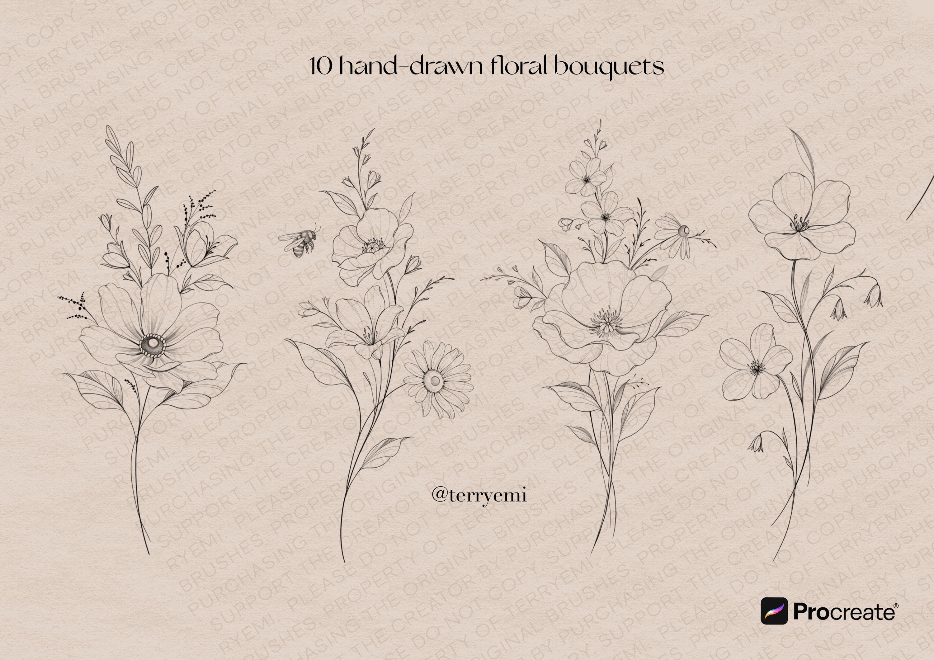 Fineline Floral Bouquets Procreate Stamps: Flowers and Symbols Tattoo ...