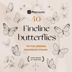 Könnte beinhalten: Digitales Design mit 40 Fineline-Schmetterling-Tattoo-Designs und Procreate-Stempeln. Die Schmetterlinge sind schwarz-weiß, mit verschiedenen Flügelmustern. Der Text enthält "Fineline butterflies", "Tattoo designs" und "Procreate stamps".