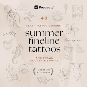 May include: A collection of 40 summer fineline tattoo designs featuring hand-drawn Procreate stamps. The black line art includes a jellyfish, starfish, seashell, ice cream, ocean scene, seahorse, cocktail, hibiscus, and swimsuit on a beige background.