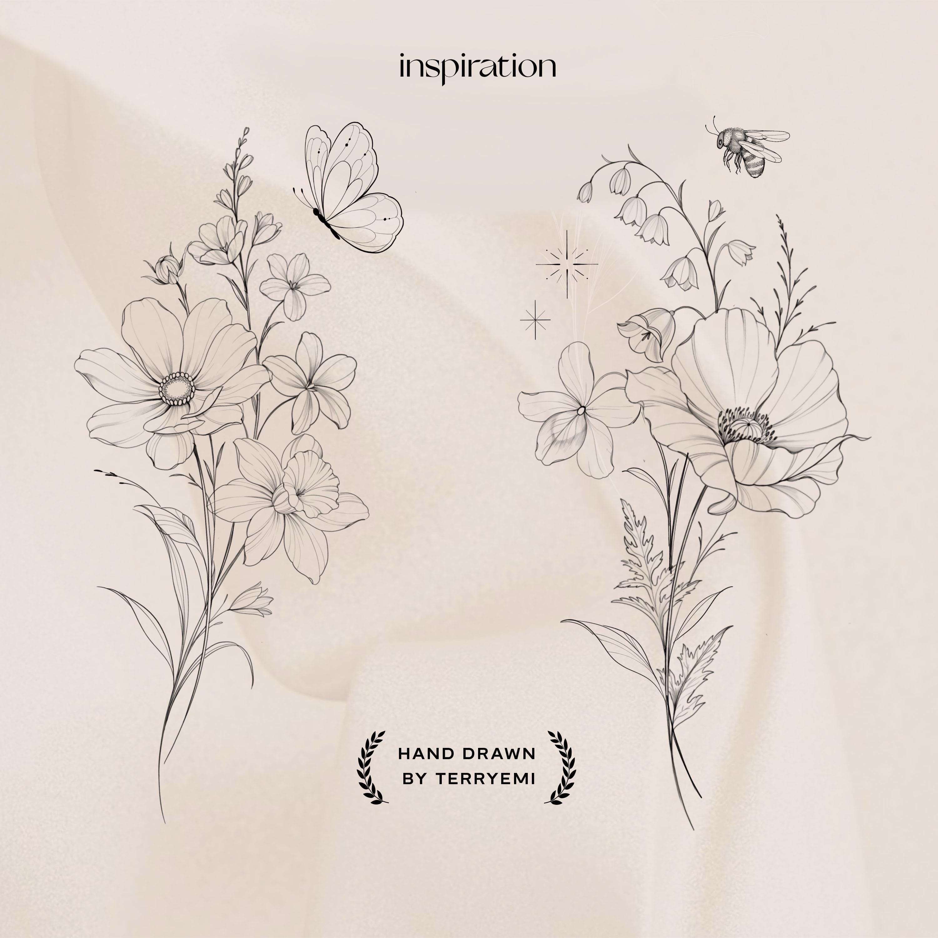 Custom Floral Tattoo Design: Fine Line Flower Bouquet (digital Design ...