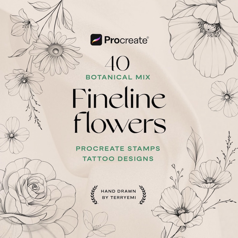 Floral Procreate Stamps: Fine Line Tattoo Brush Set (digital Download ...