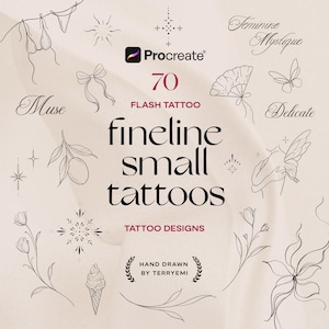 Peut inclure: Image présentant 70 motifs de petits tatouages fins, dessinés à la main par Terryemi. L'image comprend diverses illustrations délicates, notamment des fleurs, des papillons et des formes abstraites, avec les mots "Muse" et "Delicate" en cursive. Le logo Procreate est également visible.