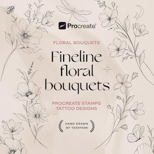 Può includere: Un design di arte digitale con delicati bouquet floreali a linea sottile. L'immagine include il logo Procreate, il testo "Floral Bouquets", "Fineline floral bouquets", "Procreate Stamps Tattoo Designs" e "Hand Drawn by Terryemi". Il design è circondato da illustrazioni floreali e di insetti.