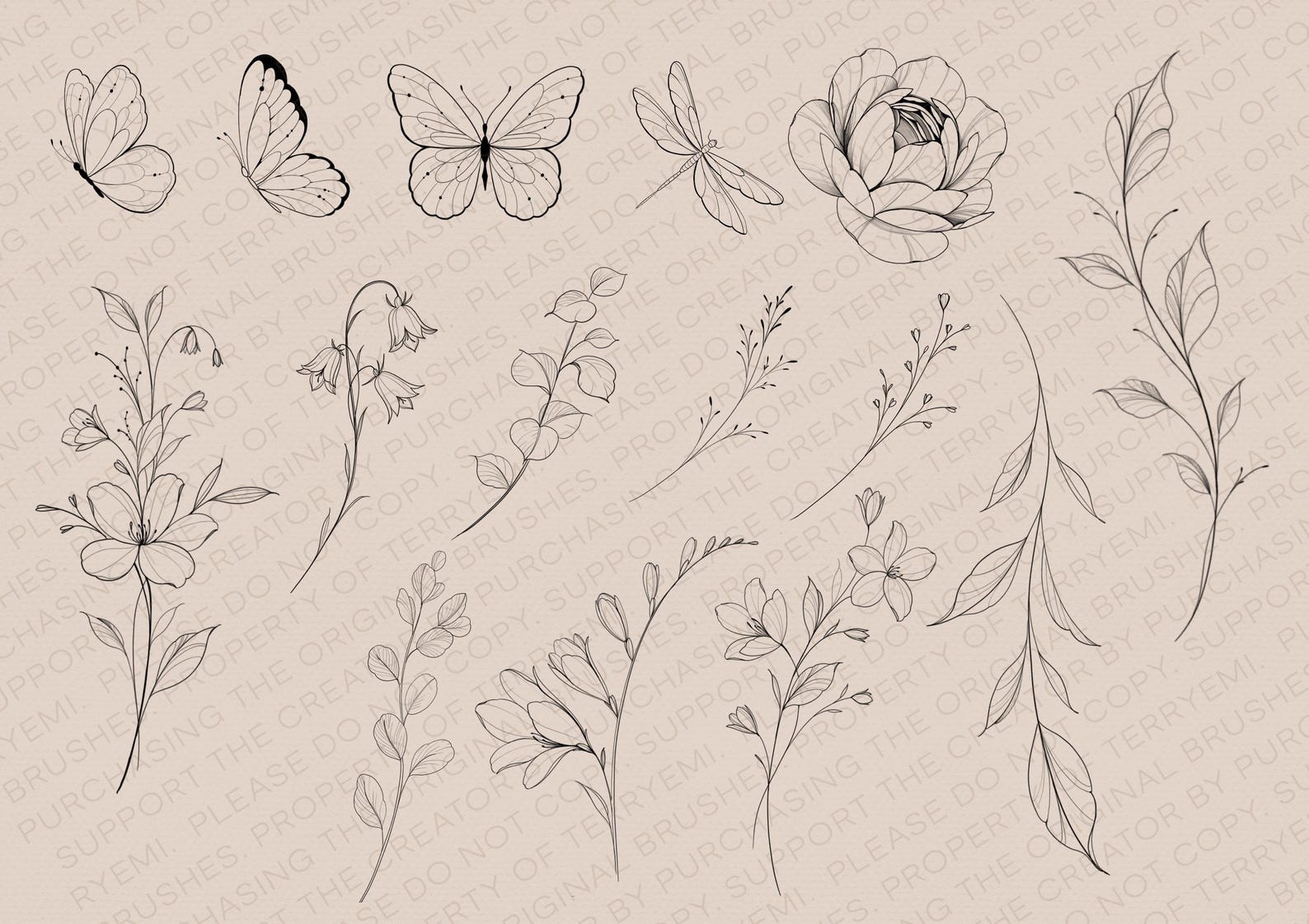Fineline Feminine Procreate Stamps: Flowers and Symbols Tattoo Brush ...