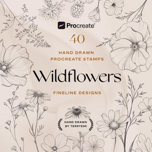Op de afbeelding: Een digitaal kunstontwerp met handgetekende Procreate-stempels van wilde bloemen. Het ontwerp bevat het Procreate-logo, het nummer 40 en de woorden "Wildflowers" en "Fineline Designs". De afbeelding heeft een beige achtergrond met bloemenillustraties.