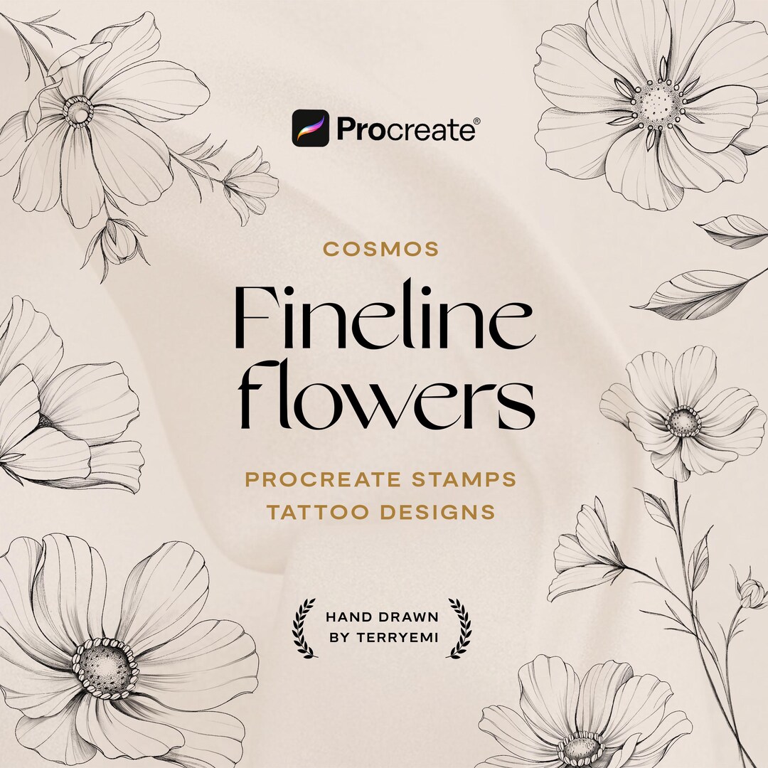 Cosmos Flower Procreate Stamps: Fine Line Tattoo Brush Set Hand Drawn ...