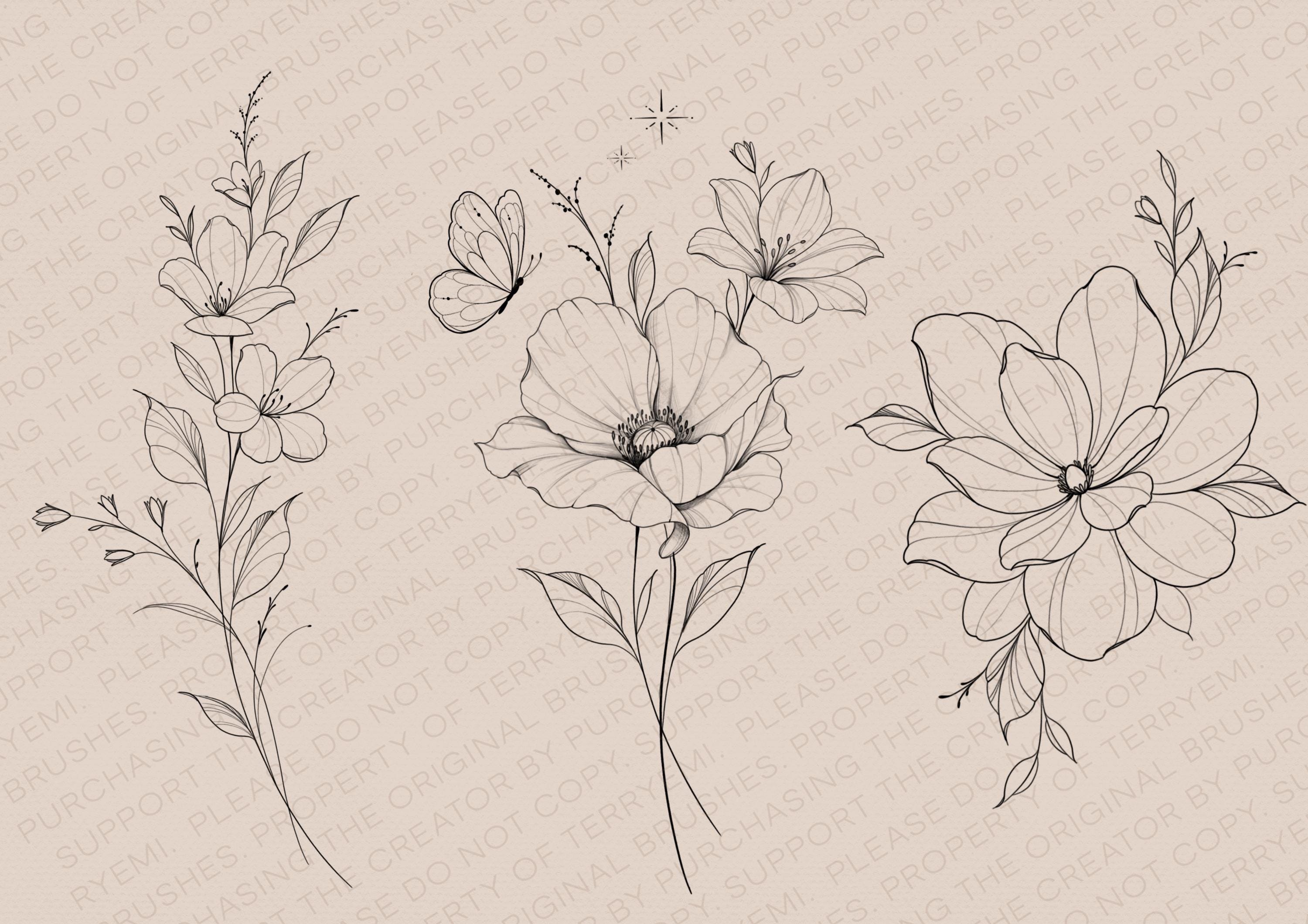 Fineline Feminine Procreate Stamps: Flowers and Symbols Tattoo Brush ...
