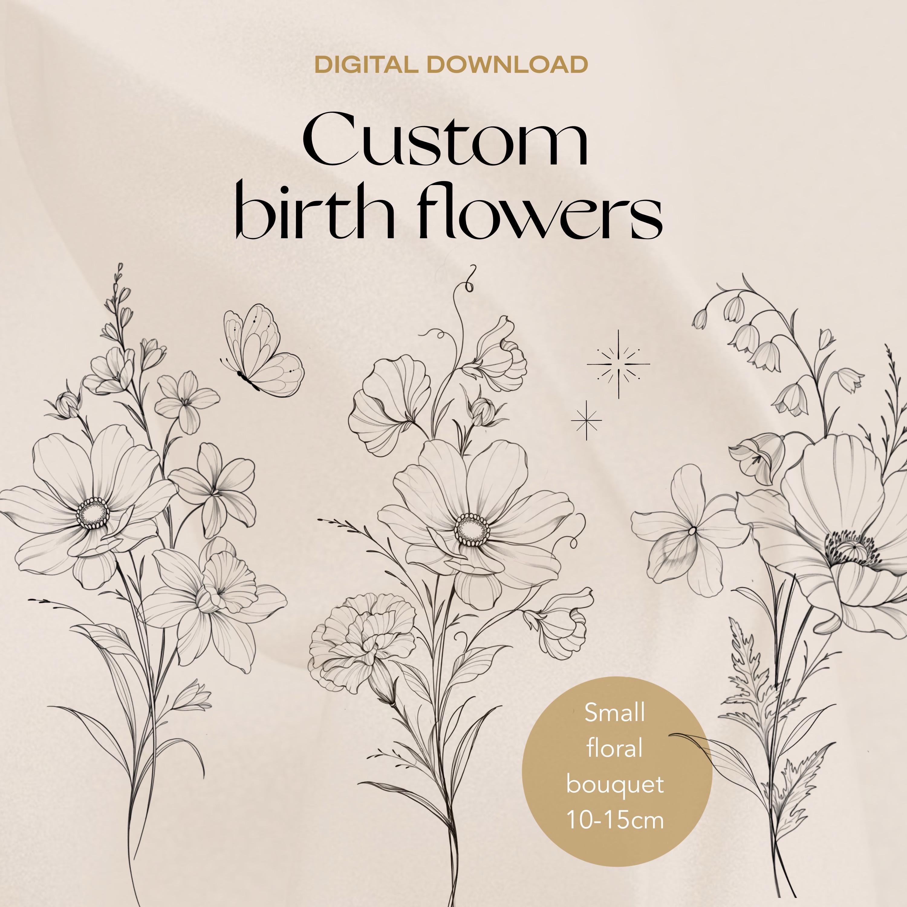Custom Floral Tattoo Design: Fine Line Flower Bouquet (digital Design ...