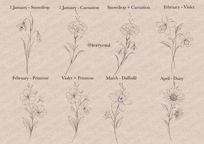 Birth Month Flowers 1 Part - Fineline Procreate Stamps: 6 Months ...