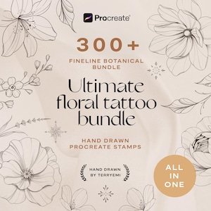Könnte beinhalten: Eine digitale Grafik mit dem Text 300+ FINELINE BOTANICAL BUNDLE Ultimate floral tattoo bundle HAND DRAWN PROCREATE STAMPS HAND DRAWN BY TERRYEMI ALL IN ONE und schwarzen Strichzeichnungen verschiedener Blumen auf beigem Hintergrund.