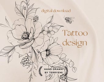 Disegno tatuaggio floreale: stencil floreale disegnato a mano (download digitale) rosa selvatica e papavero