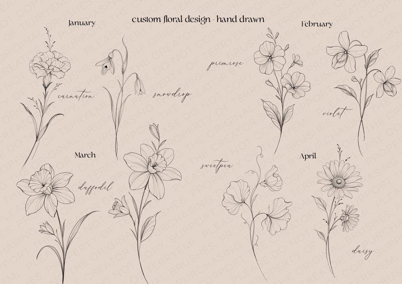 Custom Floral Tattoo Design: Fine Line Flower Bouquet (digital Design ...