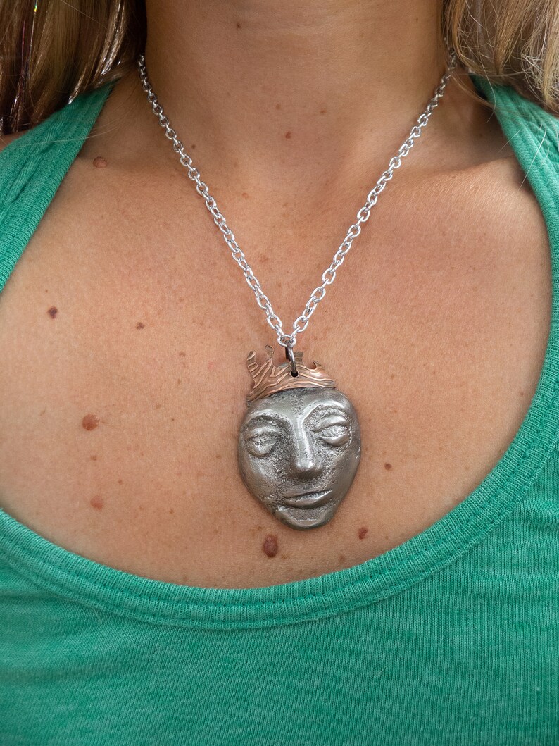 Metal King Face, Crowned Face, Pewter Face Pendant, Face Necklace