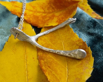 Wishbone necklace, wishbone metal casting, recycled aluminum sculpture, metal taxidermy, wearable art, handmade, good luck charm