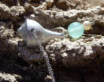 Metal sea shell necklace, recycled aluminum spiral shell pendant, jade, pearl, beaded metal necklace