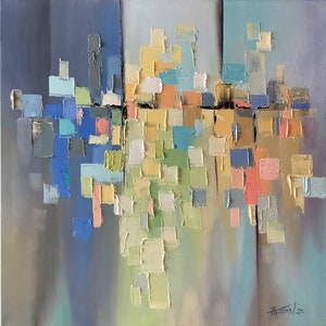 Mid century abstract oil painting geometric reflection