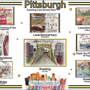 Pittsburgh Greeting Card Variety Pack - 8 Hand Painted Designs - Blank Inside