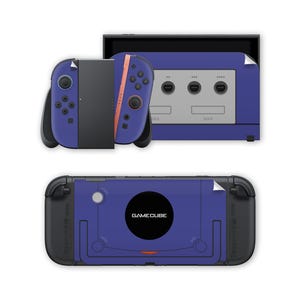 May include: A set of blue and black gaming console skins, including a Switch and a GameCube design. The Switch skins feature a blue and black color scheme with orange accents. The GameCube skin has the text "GAMECUBE" on it.