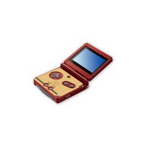 Könnte beinhalten: Eine rot-goldene Handheld-Spielkonsole mit blauem Bildschirm. Die Konsole ist geöffnet und zeigt den Bildschirm sowie ein Steuerkreuz und Tasten. Das Design umfasst eine goldene Frontplatte mit roten Akzenten.