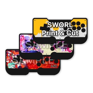 May include: A stack of four cassette tape-shaped stickers with colorful abstract art designs. The top sticker has the text "SWORL Print & Cut" in white and black. The other stickers have the text "SAMPLE" and "I-NO".