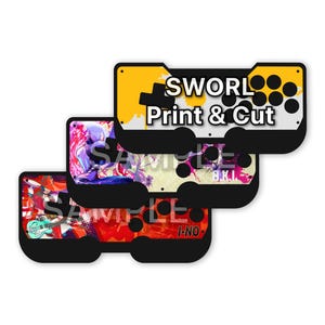May include: Three rectangular arcade controller faceplates with rounded corners and button cutouts. The top plate is yellow and white with the text SWORL Print & Cut. The middle and bottom plates feature colorful anime-style character illustrations.