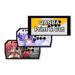 May include: Three rectangular arcade controller faceplates with black borders. The top plate is yellow and white with the text QANBA Print & Cut. The middle plate features a blue character illustration labelled INGRID. The bottom plate shows a red character labelled BAIKEN.