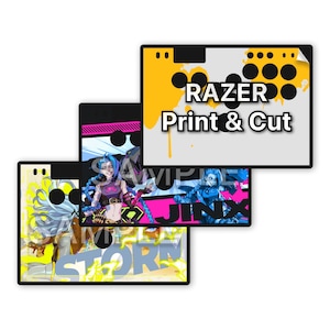 May include: Three custom arcade button panels with character art and the text "RAZER Print & Cut". The panels feature images of a female character with blue hair and a purple outfit, and another with white hair and yellow accents.
