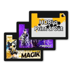 Puede incluir: Tres gráficos rectangulares negros con imágenes y texto. El gráfico superior tiene el texto "HORI a Print & Cut" en blanco y negro. El gráfico del medio tiene una imagen de una persona con una chaqueta y el texto "VIP REINA". El gráfico inferior tiene una imagen de una persona y el texto "MAGIK".