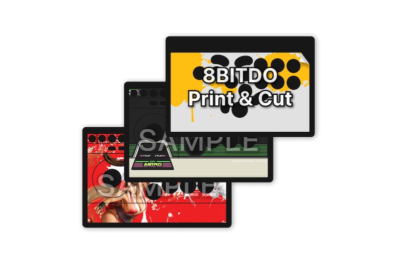 Peut inclure: Trois motifs rectangulaires noirs avec des graphismes color&eacute;s. Le motif sup&eacute;rieur porte le texte "8BITDO Print & Cut" sur un fond jaune et noir. Les autres motifs portent le mot "SAMPLE" et d'autres graphismes.