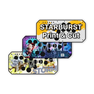 May include: Three rectangular acrylic panels with rounded corners and pre-cut circular holes. The top panel is white with yellow paint splatters and the text STARBURST Print & Cut. The lower panels feature colorful graphic illustrations and the word SAMPLE.