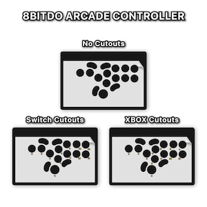 Peut inclure: Image d'un contr&ocirc;leur d'arcade avec le texte "8Bitdo Arcade Controller". L'image pr&eacute;sente trois sch&eacute;mas : "No Cutouts", "Switch Cutouts" et "XBOX Cutouts". Chaque sch&eacute;ma pr&eacute;sente un rectangle noir avec des boutons circulaires noirs.