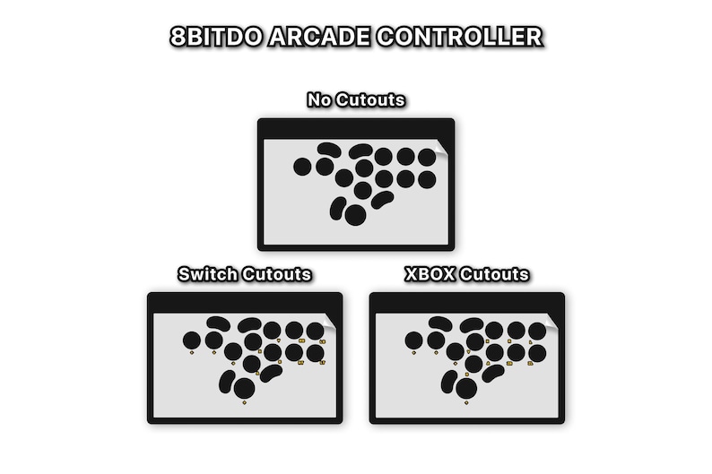 Peut inclure: Image d'un contr&ocirc;leur d'arcade avec le texte "8Bitdo Arcade Controller". L'image pr&eacute;sente trois sch&eacute;mas : "No Cutouts", "Switch Cutouts" et "XBOX Cutouts". Chaque sch&eacute;ma pr&eacute;sente un rectangle noir avec des boutons circulaires noirs.