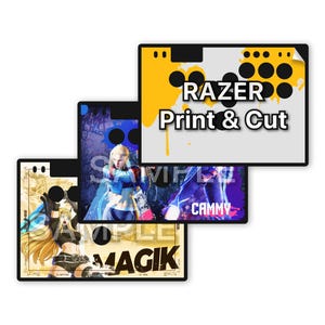 May include: Three rectangular controller faceplates with button cutouts. The top one is yellow and white with the text RAZER Print & Cut. The middle one features a blue and purple character illustration with the text CAMMY. The bottom one shows a blonde character with the text MAGIK.