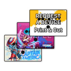 May include: Three rectangular adhesive skins for electronic devices featuring graphic designs. One skin displays Captain America, another shows a character named Yasmine, and the top skin is white with yellow paint splatters and the text REQUEST A DEVICE Print & Cut.