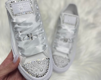 Blinged out white converse top