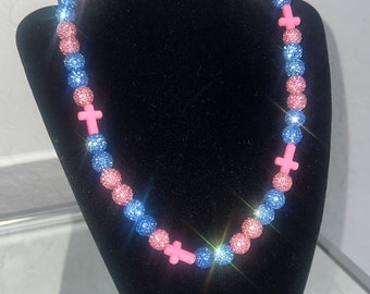 CUSTOMIZABLE  baseball bling drip necklace, pink and blue baseball necklace, Harper necklace, baseball bead necklace