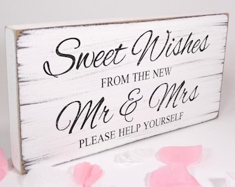 Free Standing White Vintage Wedding Table Sign / Plaque - Sweet Wishes - Shabby but Chic -Aged - Handmade