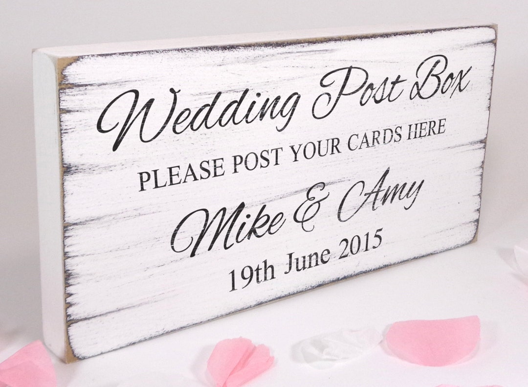 Personalised Wedding Post Box Sign Custom Free Standing White Vintage