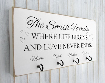 Personalised House Warming Gift Wooden Key Hook Holder Where Life Begins And Love Never Ends