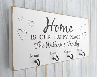 Personalised House Warming Gift Wooden Key Hook Holder Home Is Our Happy Place