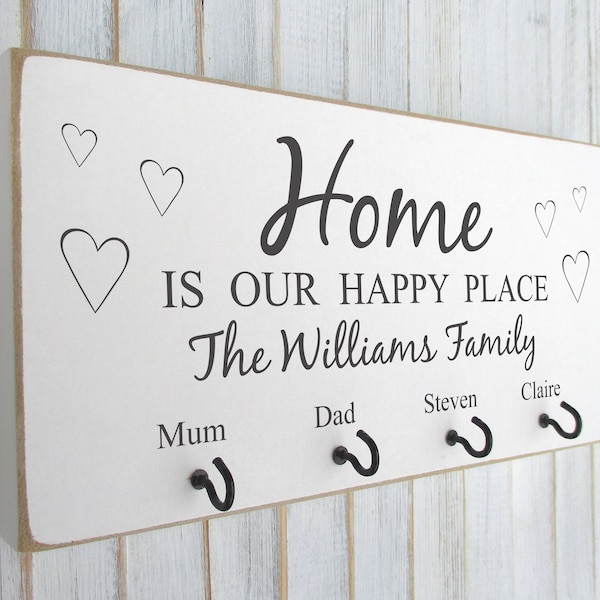 Personalised House Warming Gift Wooden Key Hook Holder Home Is Our Happy Place