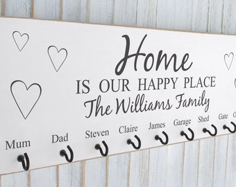 Personalised House Warming Gift Wooden Key Hook Holder Home Is Our Happy Place 02