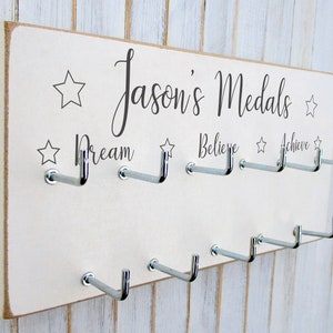 Personalised Medal Hook Hanger Gift Wooden Dream Believe Achieve